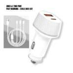 Car Charger with USB-A/USB C,Lighting Cable 3in1 (White-3ft) (38W)